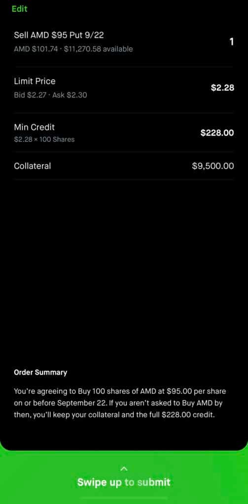 Cash Secured put on Robinhood Final Step
